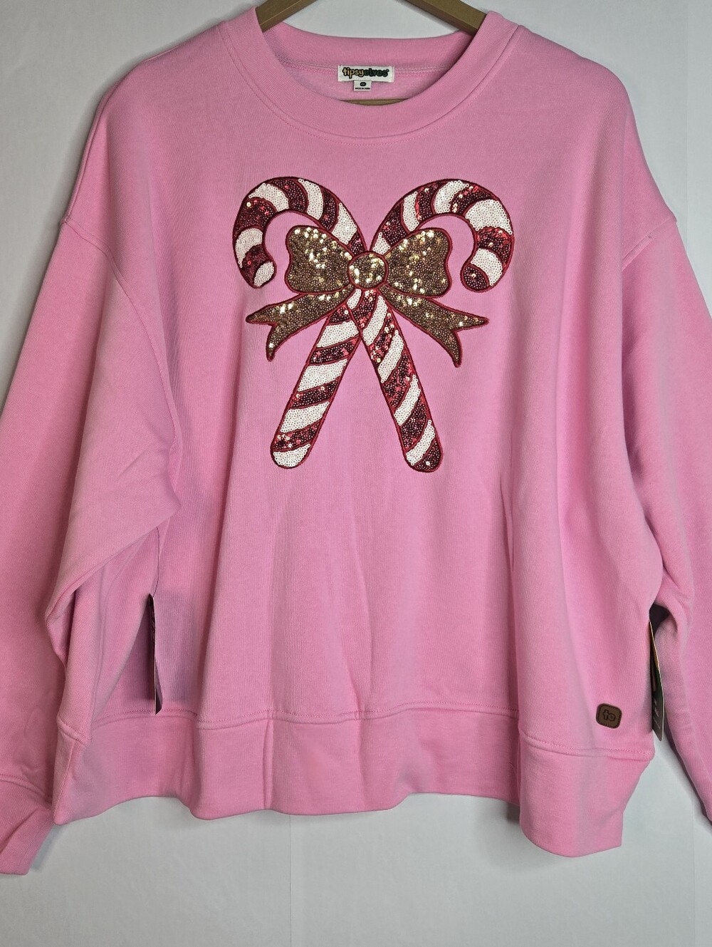 TIPSY ELVES Women Size 2X Pink Sequin CandyCane Sweatshirt Festive Whimsical NWT